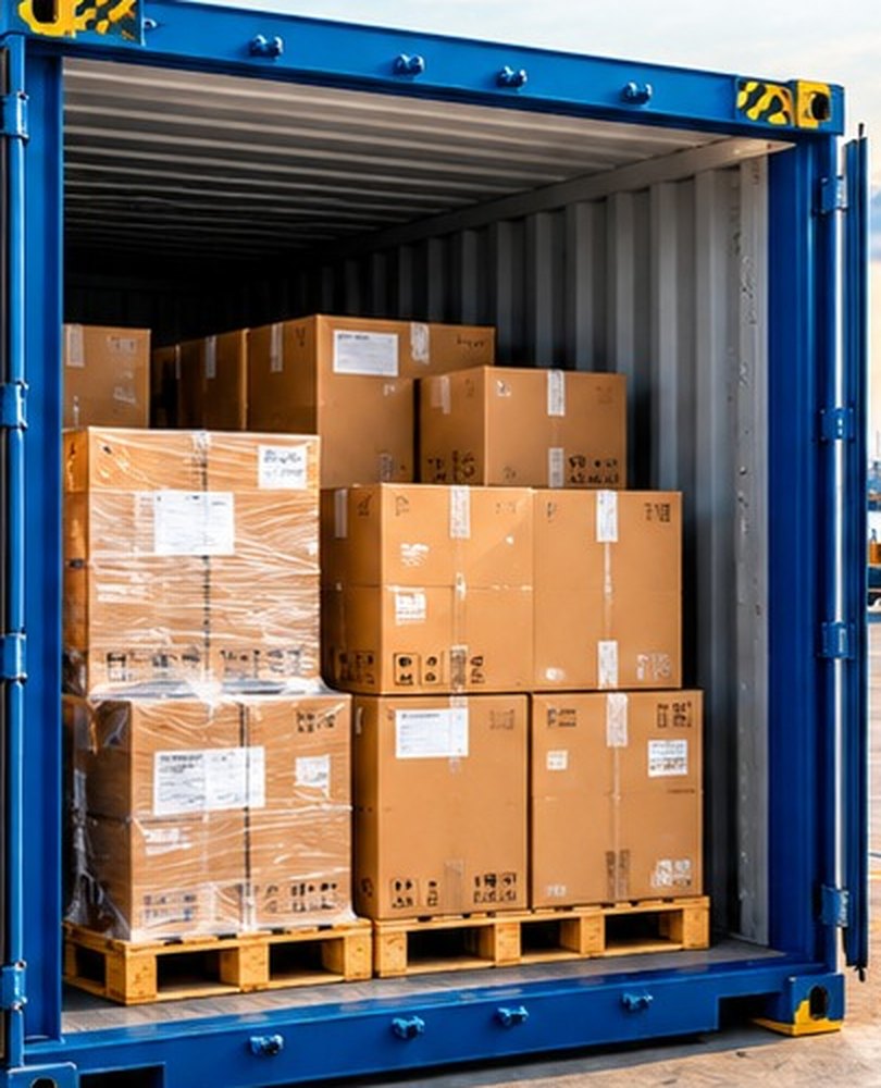 Palletised cartons loaded inside an open blue shipping container